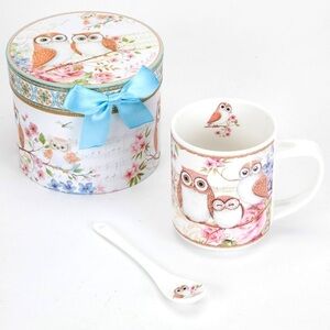 Owl Mug with Spoon ceramic porcelain floral music notes coffee tea 10oz NIB